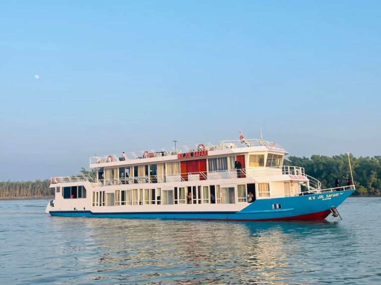 A cruise ship sailing on a calm river.